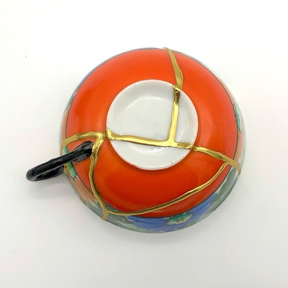 Retro Floral Teacup Kintsugi Eggshell Gold Crack Vtg MCM Japanese Growth Gift - Picture 14 of 16